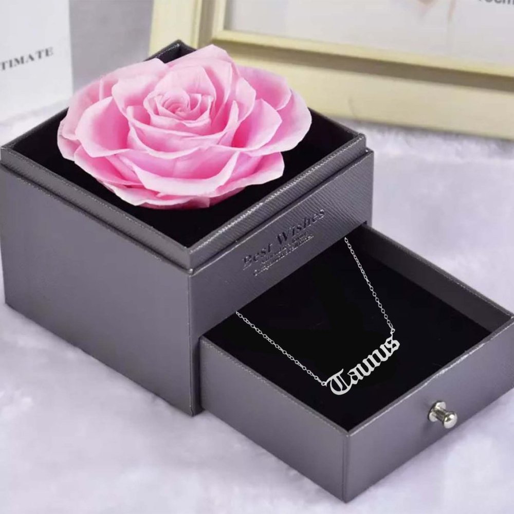 Preserved Rose Flower In a Acrylic Box with Silver Plated Taurus Zodiac Necklace